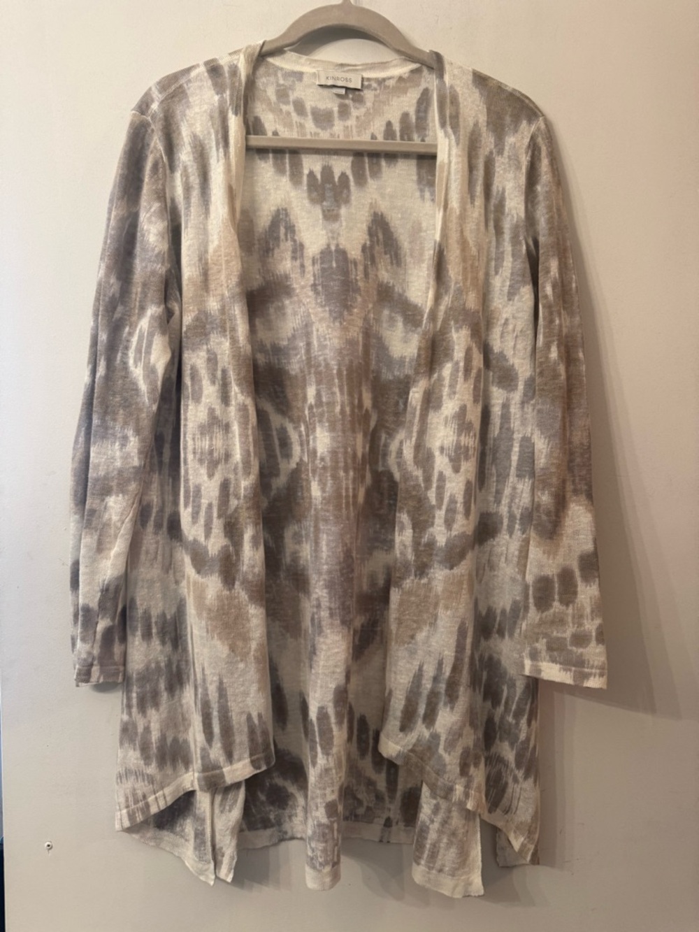 Kinross Taupe & Ivory Lightweight Linen Open-Front Patterned Cardigan